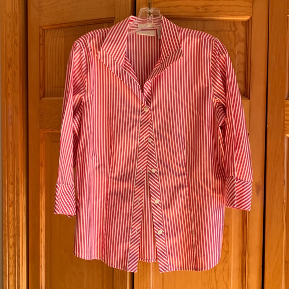 Pink and white stripe button down collard shirt, Chicos size 1.